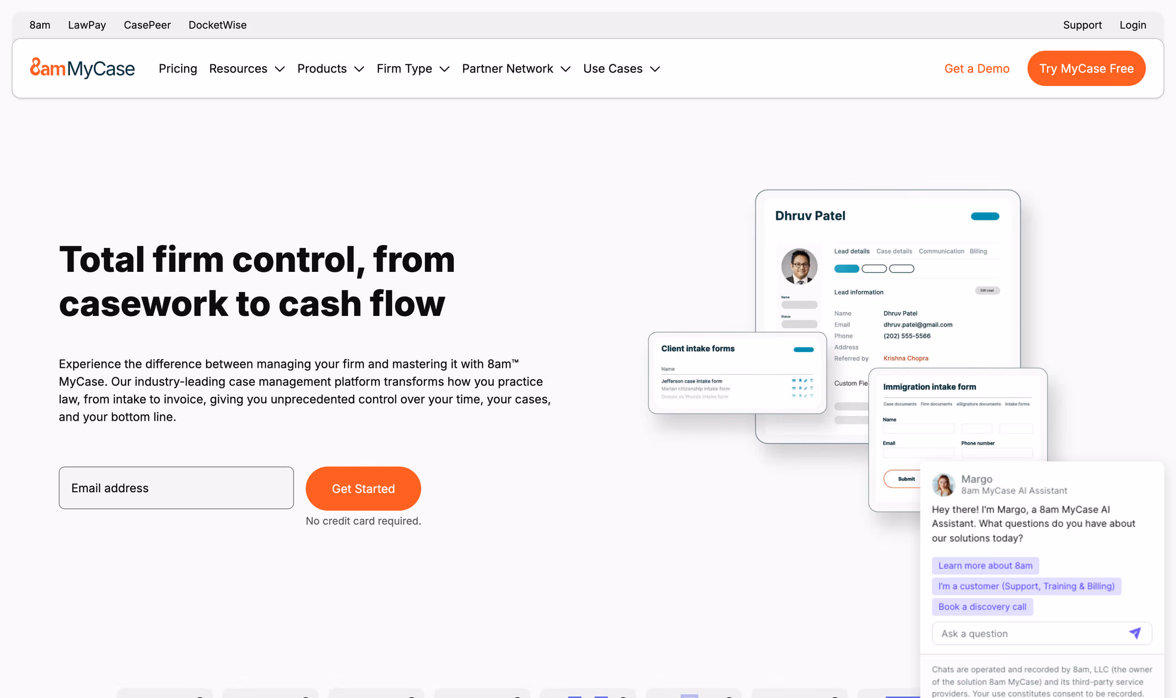 The MyCase homepage. A slim top bar links to the sibling brands — 8am, LawPay, CasePeer, DocketWise — beside Support and Login. Below it an “8am MyCase” lockup sits with navigation for Pricing, Resources, Products, Firm Type, Partner Network and Use Cases, plus Get a Demo and Try MyCase Free. The hero reads “Total firm control, from casework to cash flow” beside a product screenshot of a lead record.