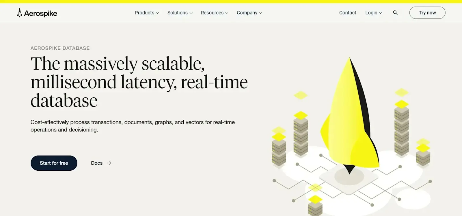 The rebuilt aerospike.com homepage: a thin yellow brand bar over the headline “The massively scalable, millisecond latency, real-time database”, a Start for free button, and an isometric illustration of a yellow rocket rising from a grid of server stacks.