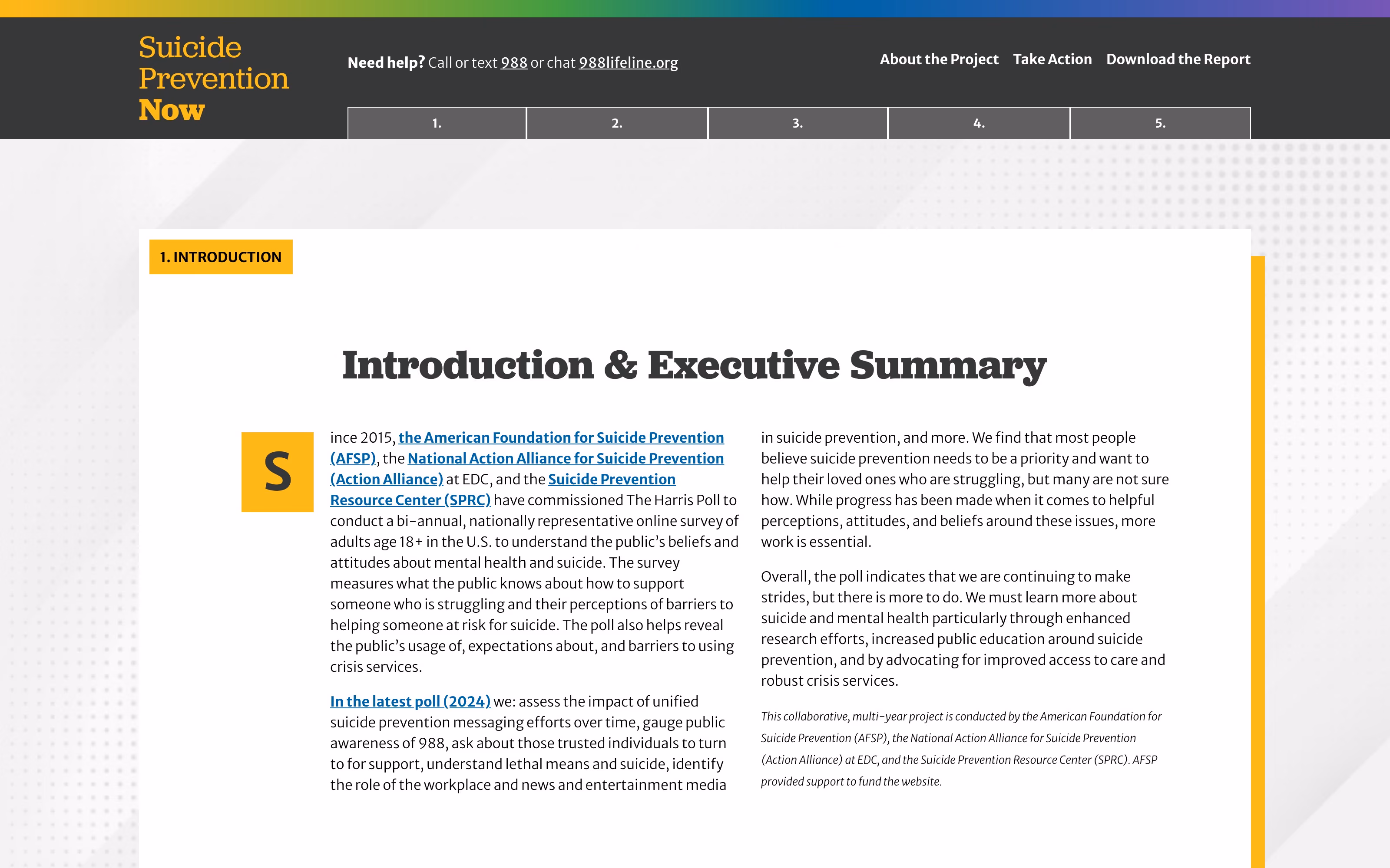 The Suicide Prevention Now microsite. A crisis line sits in the header — “Need help? Call or text 988 or chat 988lifeline.org” — above a numbered chapter bar, with chapter one opening on an Introduction and Executive Summary that names AFSP, the Action Alliance and SPRC as the commissioning organizations.