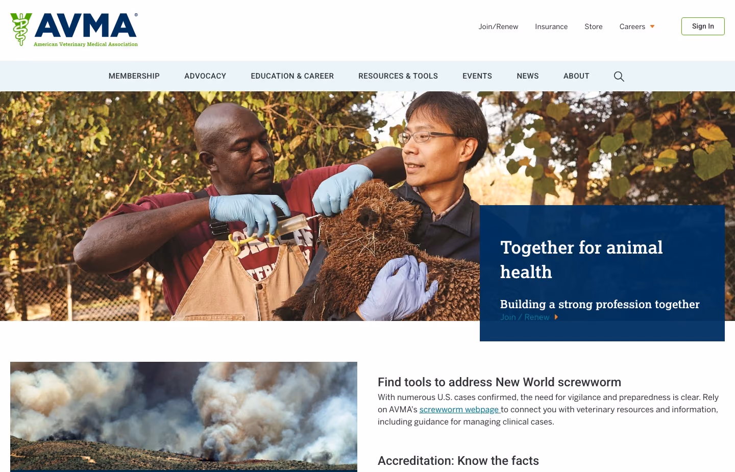 The AVMA homepage. A seven-item primary nav — Membership, Advocacy, Education & Career, Resources & Tools, Events, News, About — with Join/Renew and Sign In held separately above it.