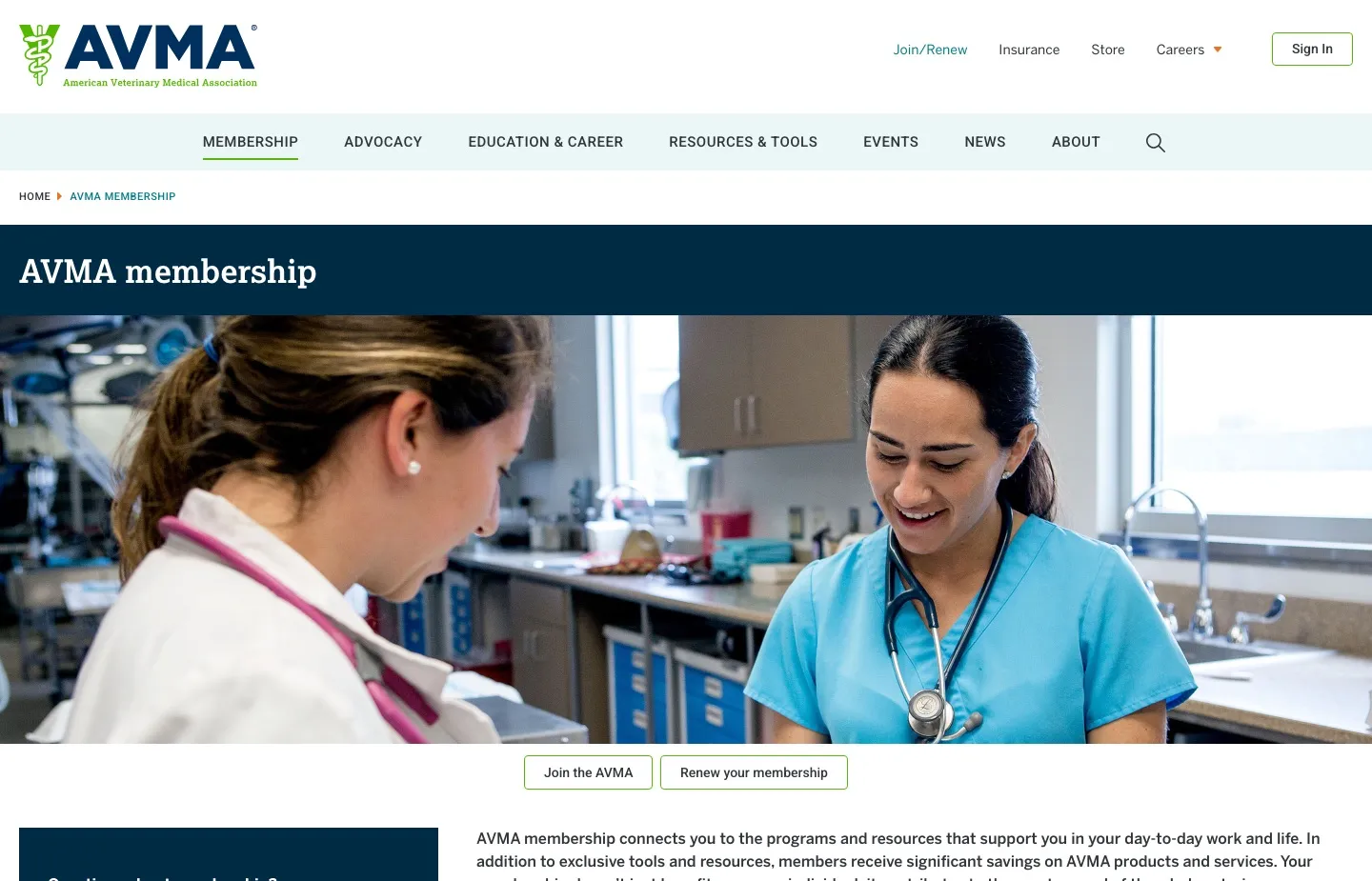The AVMA membership page, opening on “Join the AVMA” and “Renew your membership” side by side, above a paragraph describing the programs, resources and savings that come with membership.