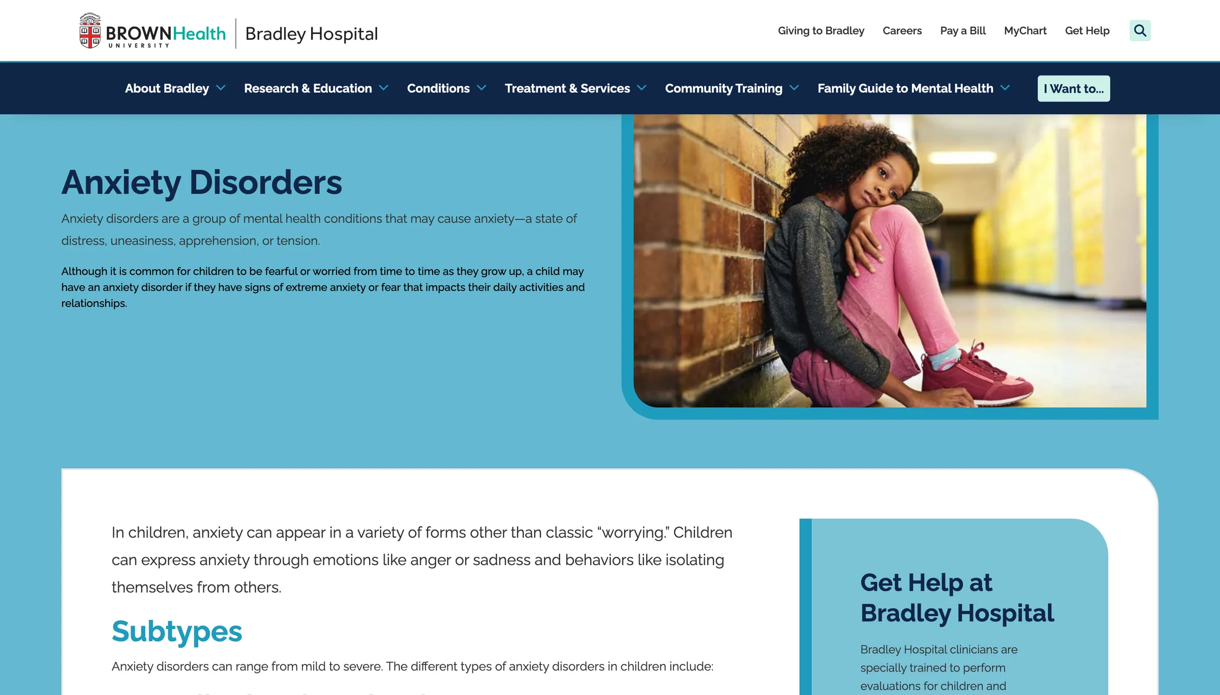 The Anxiety Disorders page on bradleyhospital.org, with a plain-language definition, a Subtypes section broken into named disorders, and a “Get Help at Bradley Hospital” panel with the Access Center phone number.