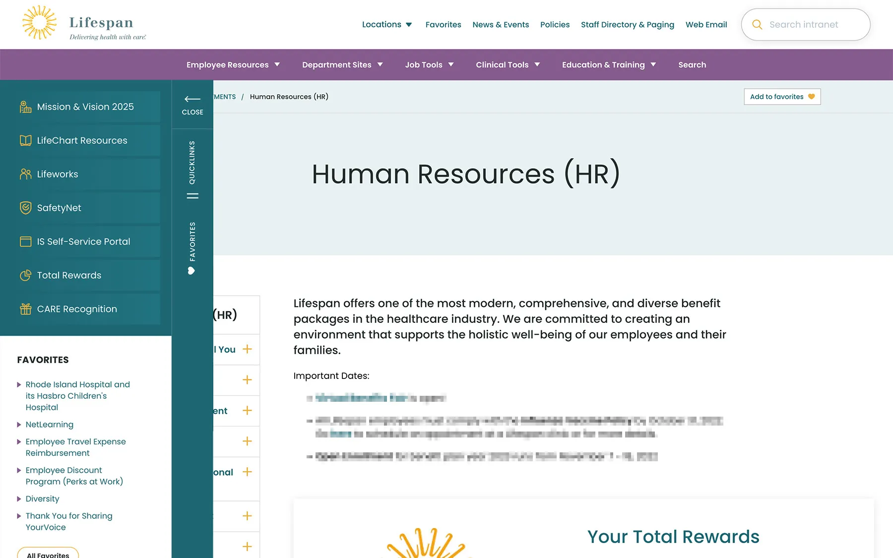 The Human Resources department page on the Lifespan intranet with the left drawer open: curated quick links above the employee’s own favorites — Rhode Island Hospital, NetLearning, travel expense reimbursement, the employee discount program.
