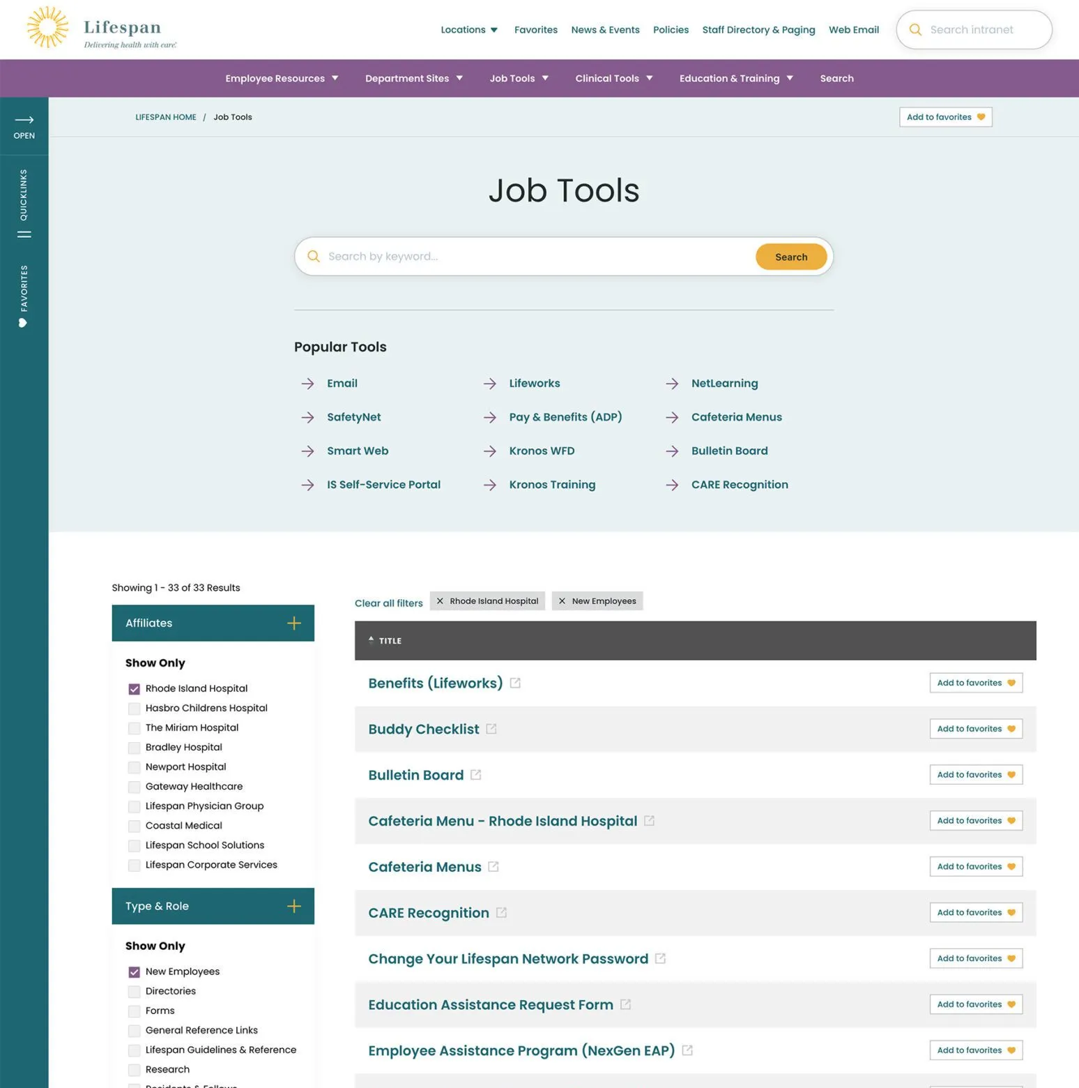 The Job Tools page on the Lifespan intranet: a keyword search bar above a Popular Tools grid — Email, SafetyNet, Smart Web, Lifeworks, Pay & Benefits, Kronos, NetLearning, Cafeteria Menus, CARE Recognition — with affiliate and role filters beside an A-to-Z list of tools.