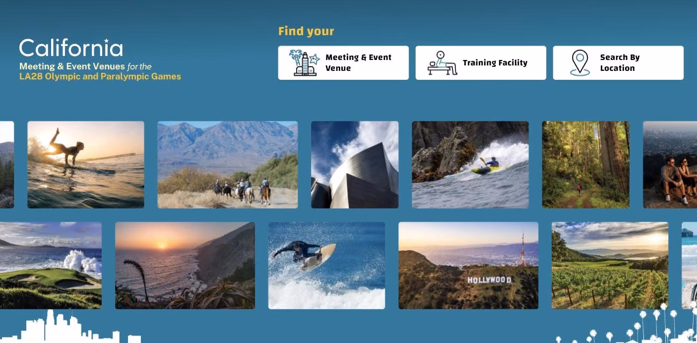 The California Meeting & Event Venues hub for the LA28 Olympic and Paralympic Games. Under “Find your,” three entry points — Meeting & Event Venue, Training Facility, Search By Location — over rows of venue photography.