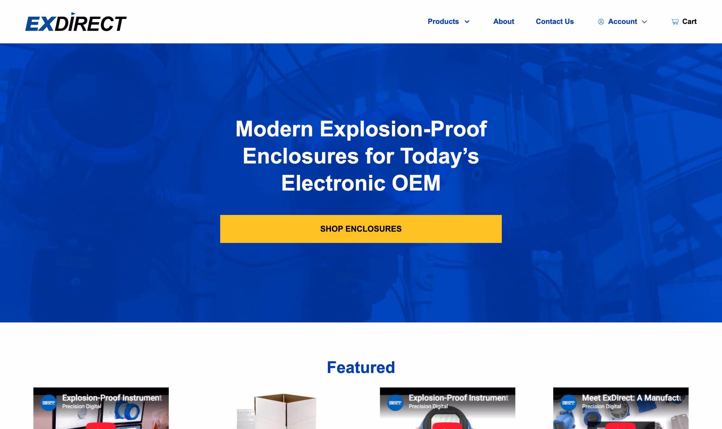 The ExDirect homepage: a blue-washed photograph of instrument enclosures in a process plant under the headline “Modern Explosion-Proof Enclosures for Today’s Electronic OEM”, with a yellow Shop Enclosures button, and Account and Cart in the navigation.