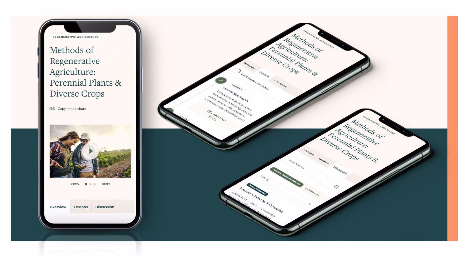 Three phones on a cream and dark-green ground showing a regenerative agriculture course. The first opens “Methods of Regenerative Agriculture: Perennial Plants & Diverse Crops” with a video still of two farmers walking a field, above Overview, Lessons and Discussion tabs. The others show a lesson list marked “2 of 8 lessons completed” and a discussion thread.