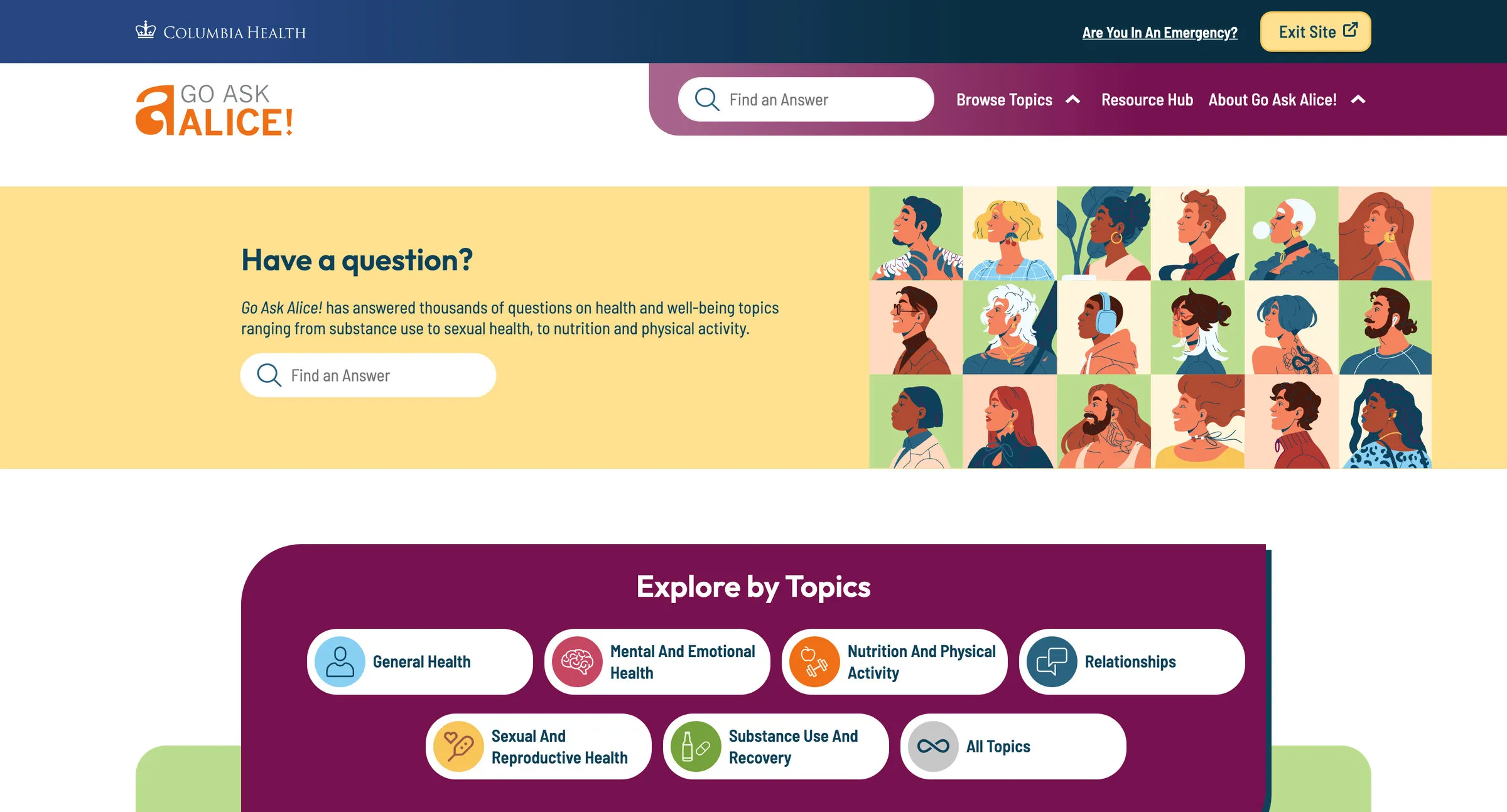 The Go Ask Alice! homepage. “Exit Site” sits in the Columbia Health bar at the top. A yellow band asks “Have a question?” above a “Find an Answer” search field, beside a grid of illustrated portraits in profile. Below, an “Explore by Topics” panel offers General Health, Mental and Emotional Health, Nutrition and Physical Activity, Relationships, Sexual and Reproductive Health, Substance Use and Recovery, and All Topics.