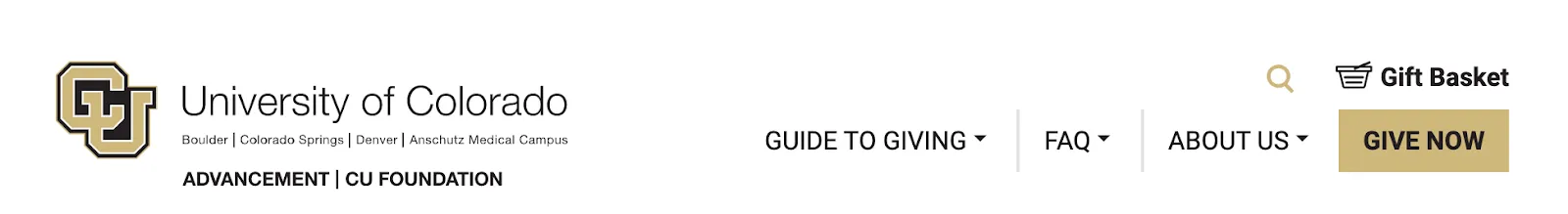 The current CU Advancement site header: the University of Colorado logo beside Guide to Giving, FAQ, and About Us menus, a search icon, Gift Basket, and a Give Now button