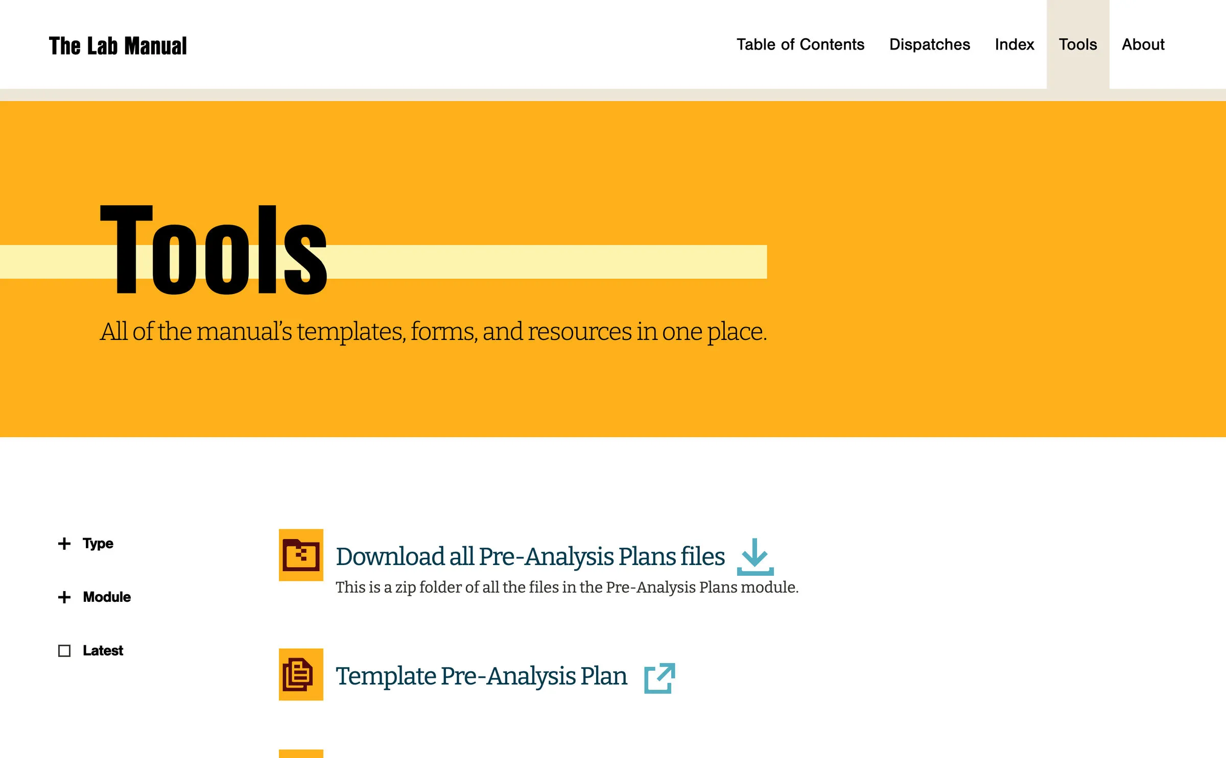 The Tools page of The Lab Manual. A broad yellow band shows the heading “Tools” over the line “All of the manual’s templates, forms, and resources in one place.” Below, filters for Type, Module and Latest sit beside a list beginning with “Download all Pre-Analysis Plans files” — a zip of every file in that module — followed by “Template Pre-Analysis Plan”.