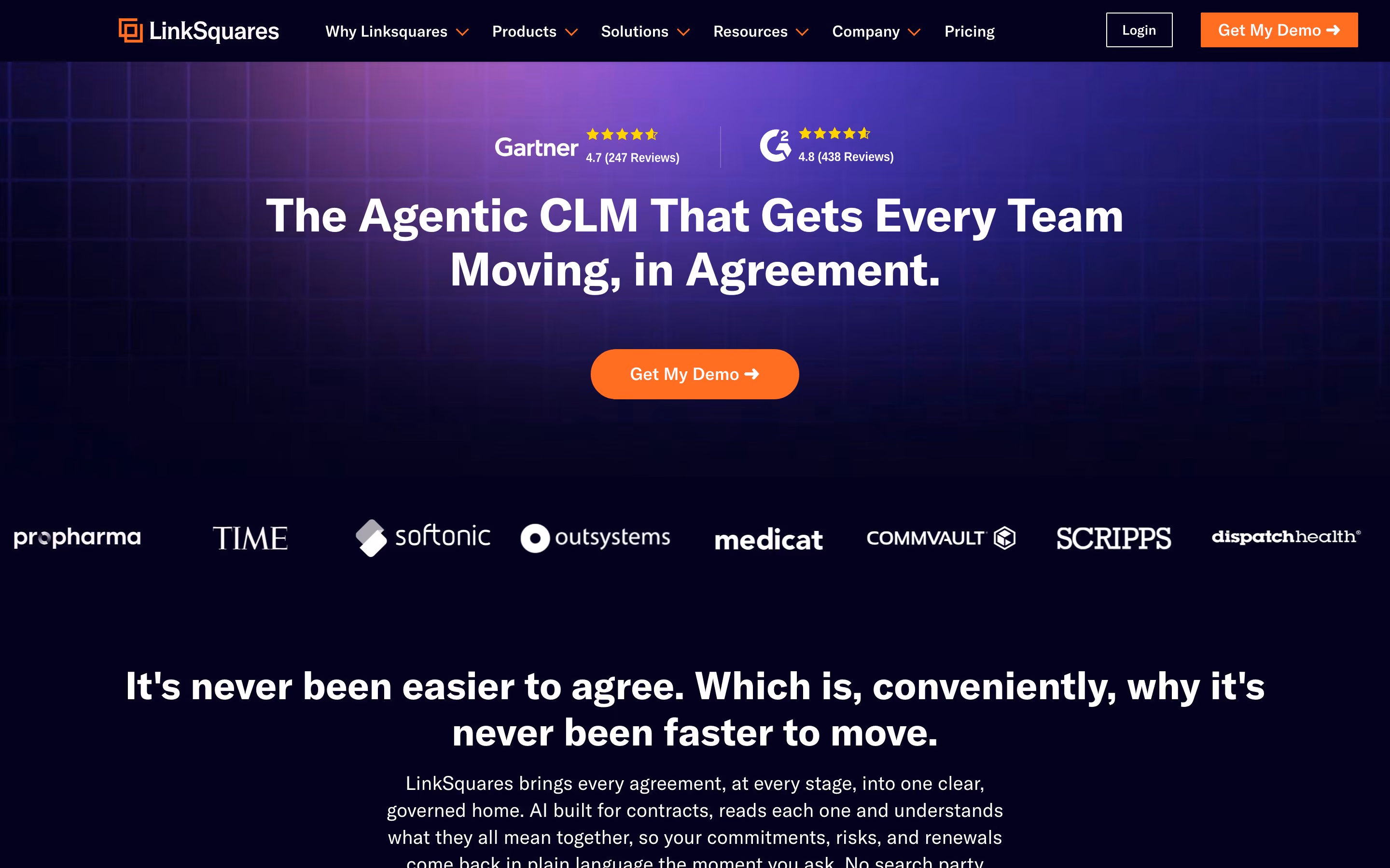 The LinkSquares home page: Gartner and G2 review ratings above the headline “The Agentic CLM That Gets Every Team Moving, in Agreement.”, a Get My Demo button, and a row of customer logos including TIME, OutSystems, Commvault and Scripps.