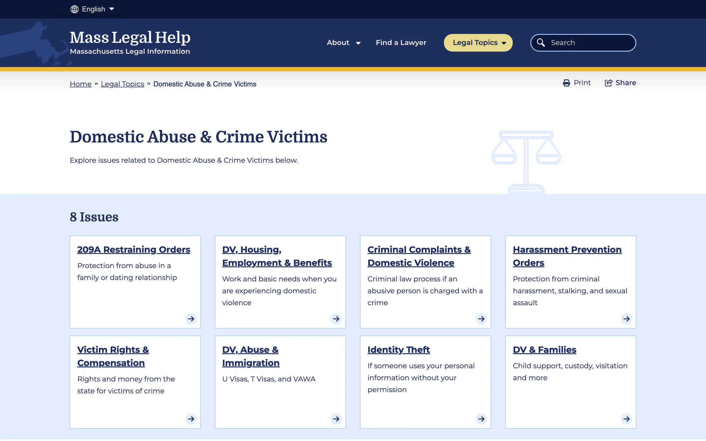 The Domestic Abuse & Crime Victims topic page on Mass Legal Help, with a breadcrumb reading Home, Legal Topics, Domestic Abuse & Crime Victims, and Print and Share controls. Under the heading “8 Issues”, cards list 209A Restraining Orders, DV Housing Employment & Benefits, Criminal Complaints & Domestic Violence, Harassment Prevention Orders, Victim Rights & Compensation, DV Abuse & Immigration, Identity Theft, and DV & Families, each with a one-line description.