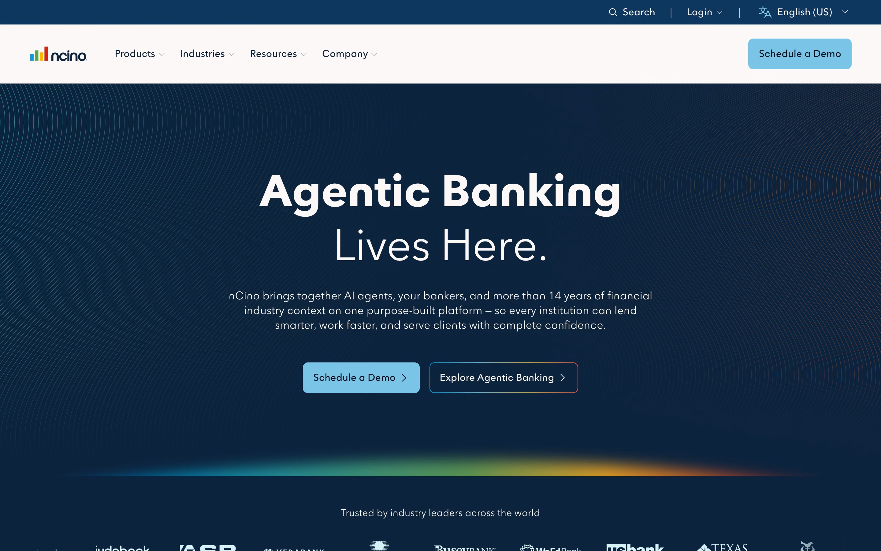 The nCino home page: a dark navy hero reading “Agentic Banking Lives Here.”, a paragraph on bringing AI agents, bankers and fourteen years of financial industry context onto one platform, and two calls to action — Schedule a Demo and Explore Agentic Banking — above a row of customer logos under “Trusted by industry leaders across the world.”