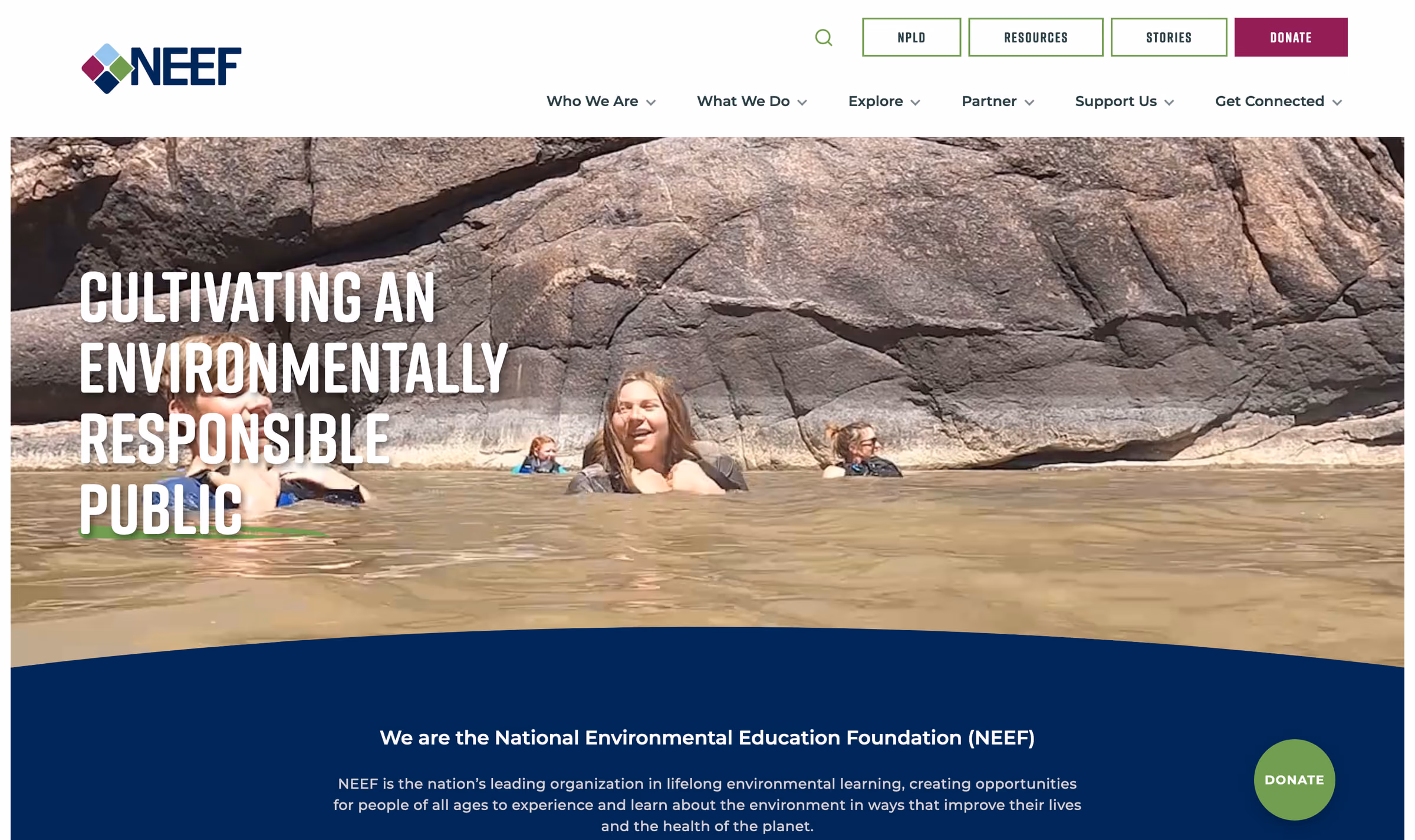 The NEEF homepage. A full-bleed photograph of people swimming in a river under the headline “Cultivating an Environmentally Responsible Public”, above a navigation reading Who We Are, What We Do, Explore, Partner, Support Us and Get Connected, with NPLD, Resources and Stories in the utility bar.