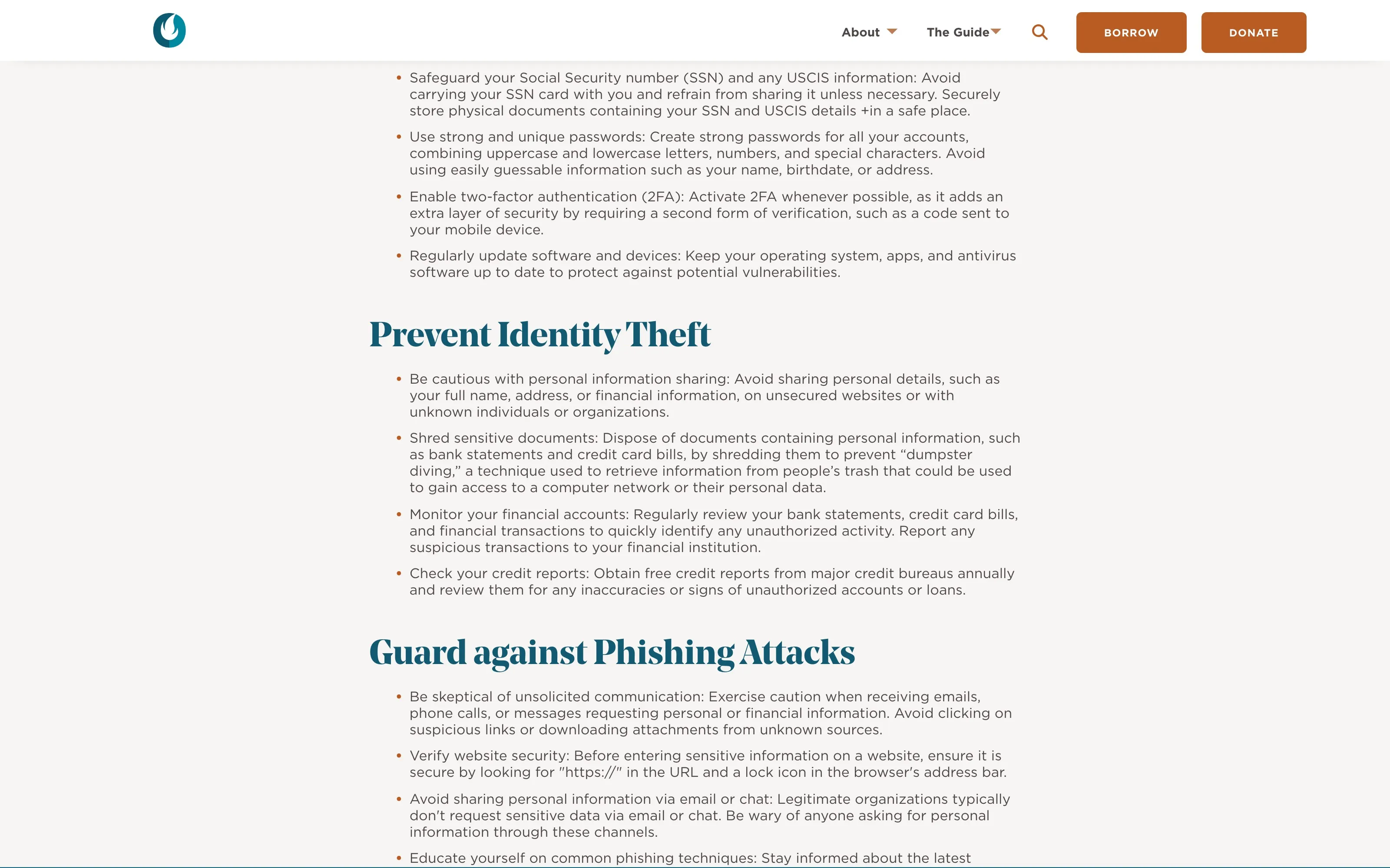 A page from The Guide titled “Tips for Fraud Prevention”, with sections headed “Prevent Identity Theft” and “Guard against Phishing Attacks” and detailed advice on safeguarding a Social Security number and USCIS information.