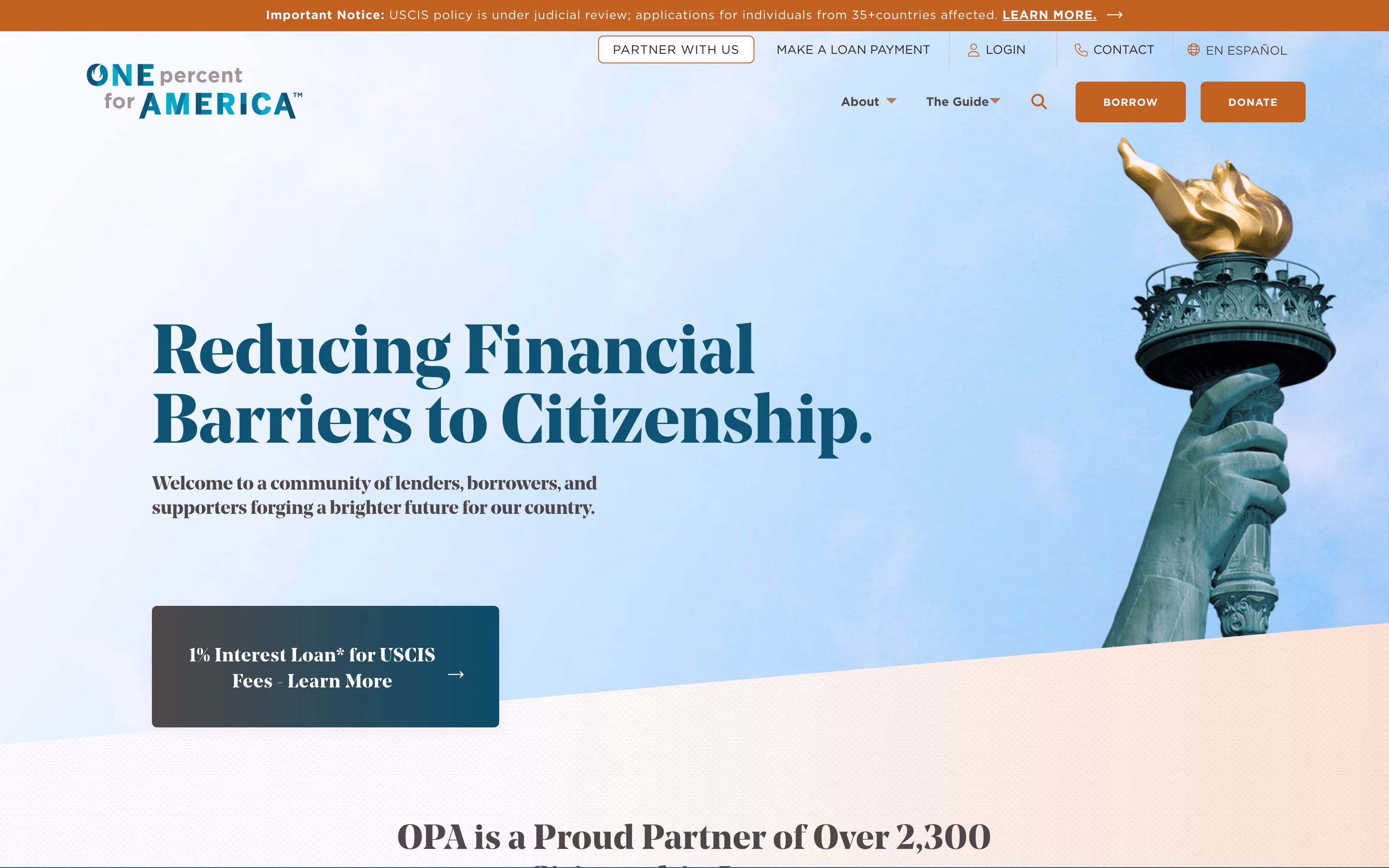 The One Percent for America homepage. Two buttons sit side by side in the header — BORROW and DONATE — and a panel under the headline reads “1% Interest Loan* for USCIS Fees”, the asterisk pointing to the eligibility terms.