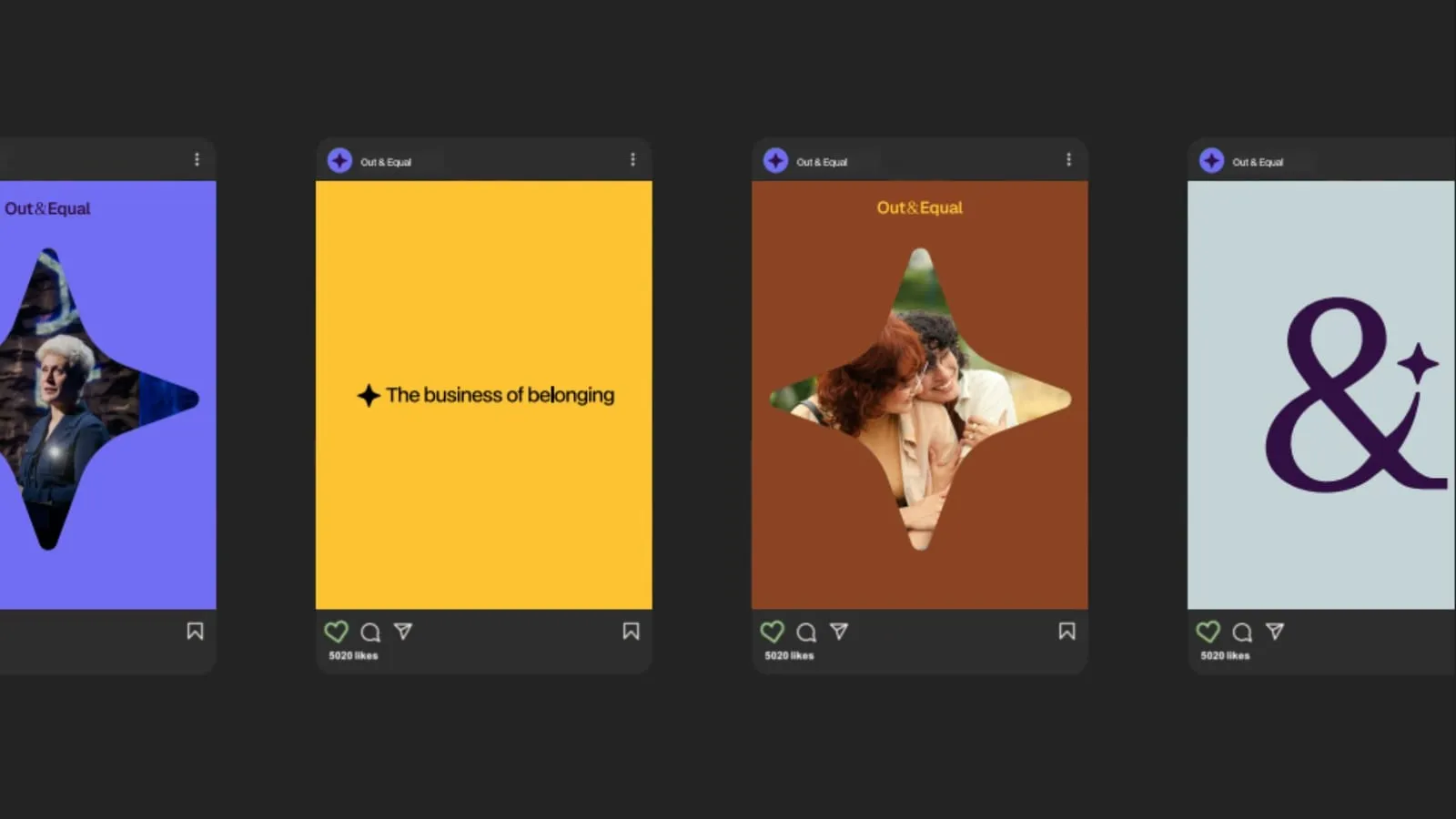 Four Out & Equal social posts in the new identity. The four-pointed star is used as a mask framing photographs of people, alongside a yellow tile reading “The business of belonging” and a pale tile with the ampersand and star together.