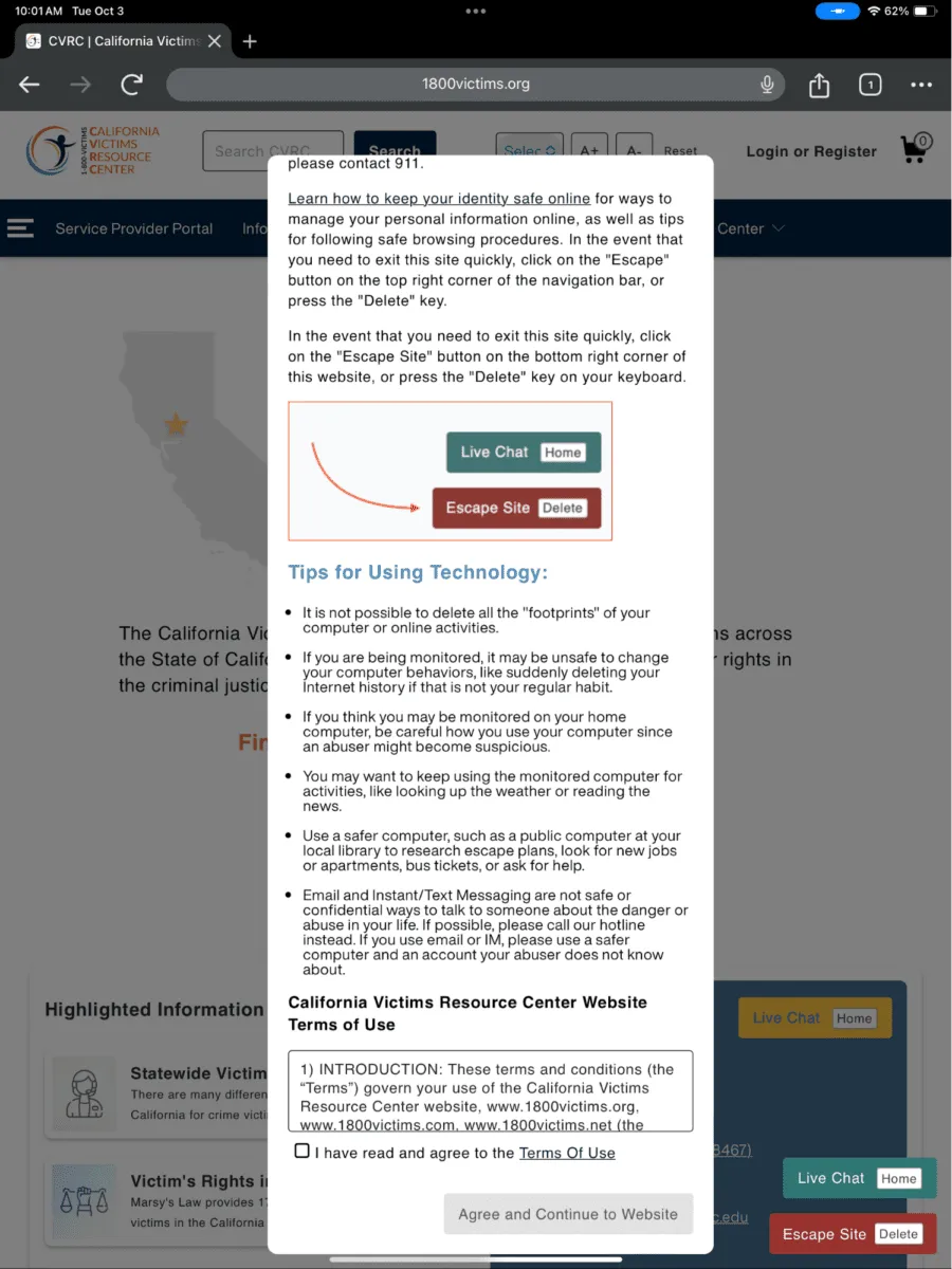 The 1800victims.org entry pop-up: technology safety tips, instructions for the Escape Site button and Delete key, and a Terms of Use agreement visitors must accept before entering