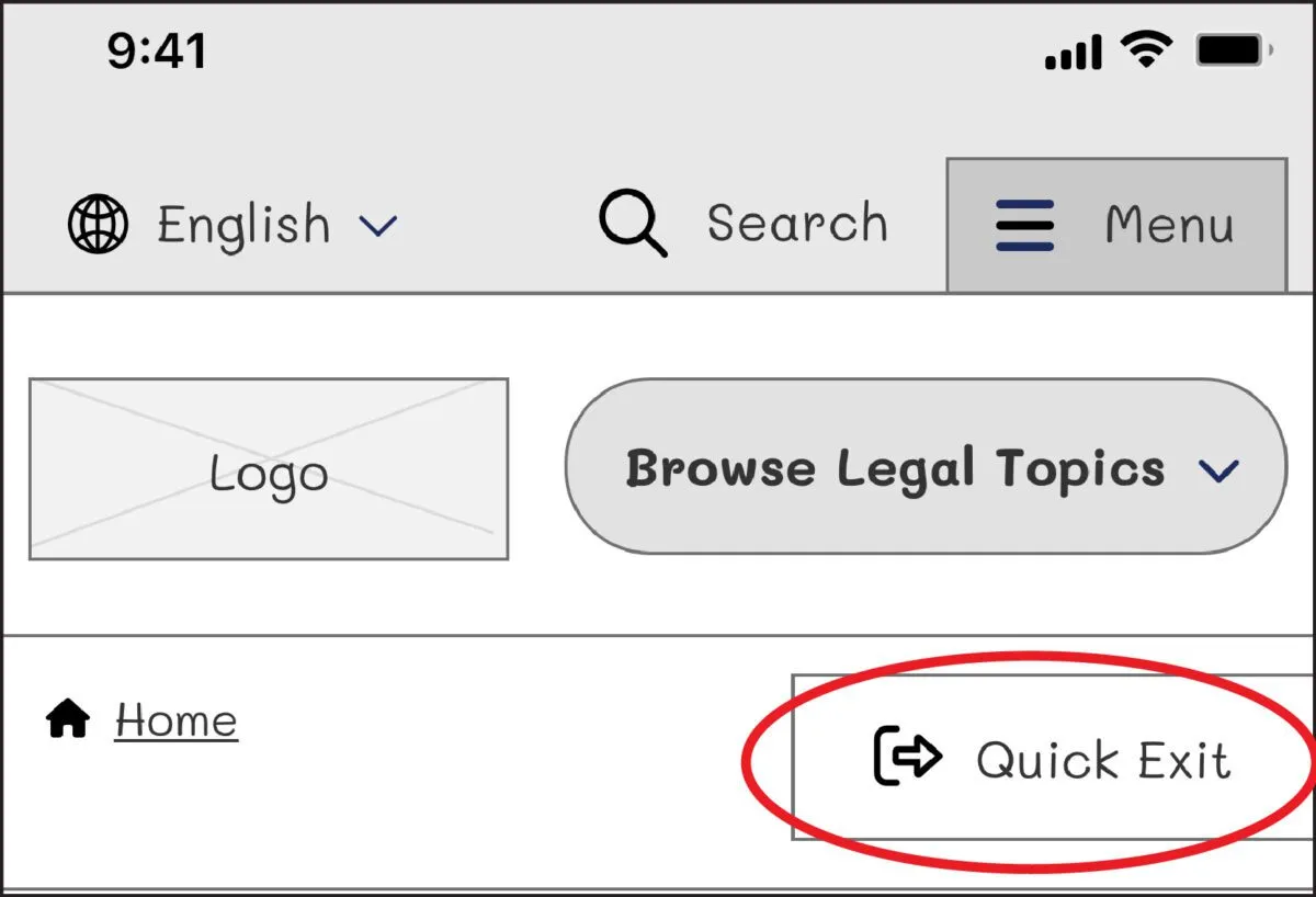 Mobile wireframe of the legal aid site: a header with language selector, search, and menu, a Browse Legal Topics button, and a Quick Exit button with an exit icon circled in red