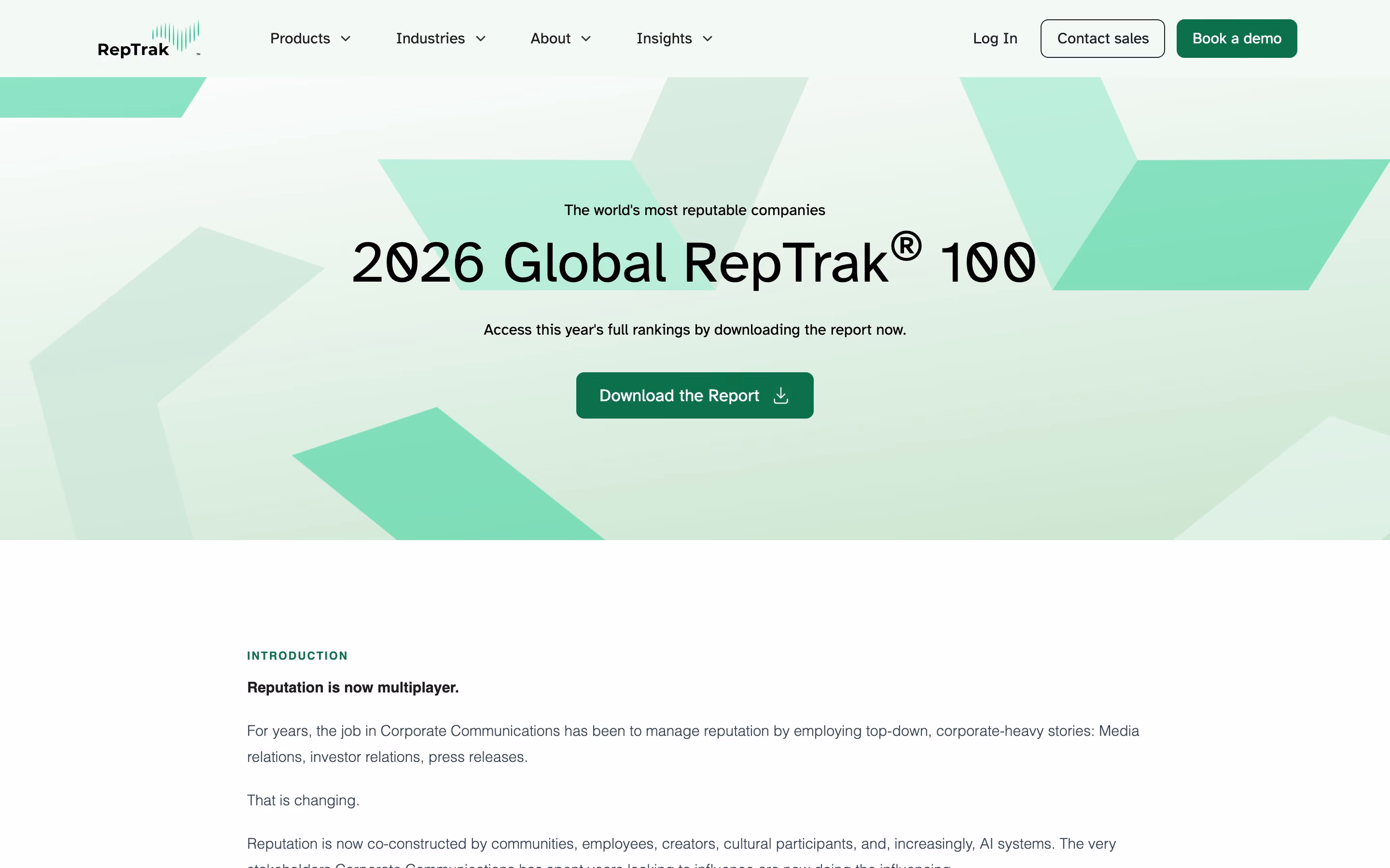 The 2026 Global RepTrak 100 landing page: pale green geometric shapes behind the eyebrow “The world’s most reputable companies”, the title “2026 Global RepTrak® 100”, the line “Access this year’s full rankings by downloading the report now.” and a single dark green “Download the Report” button.