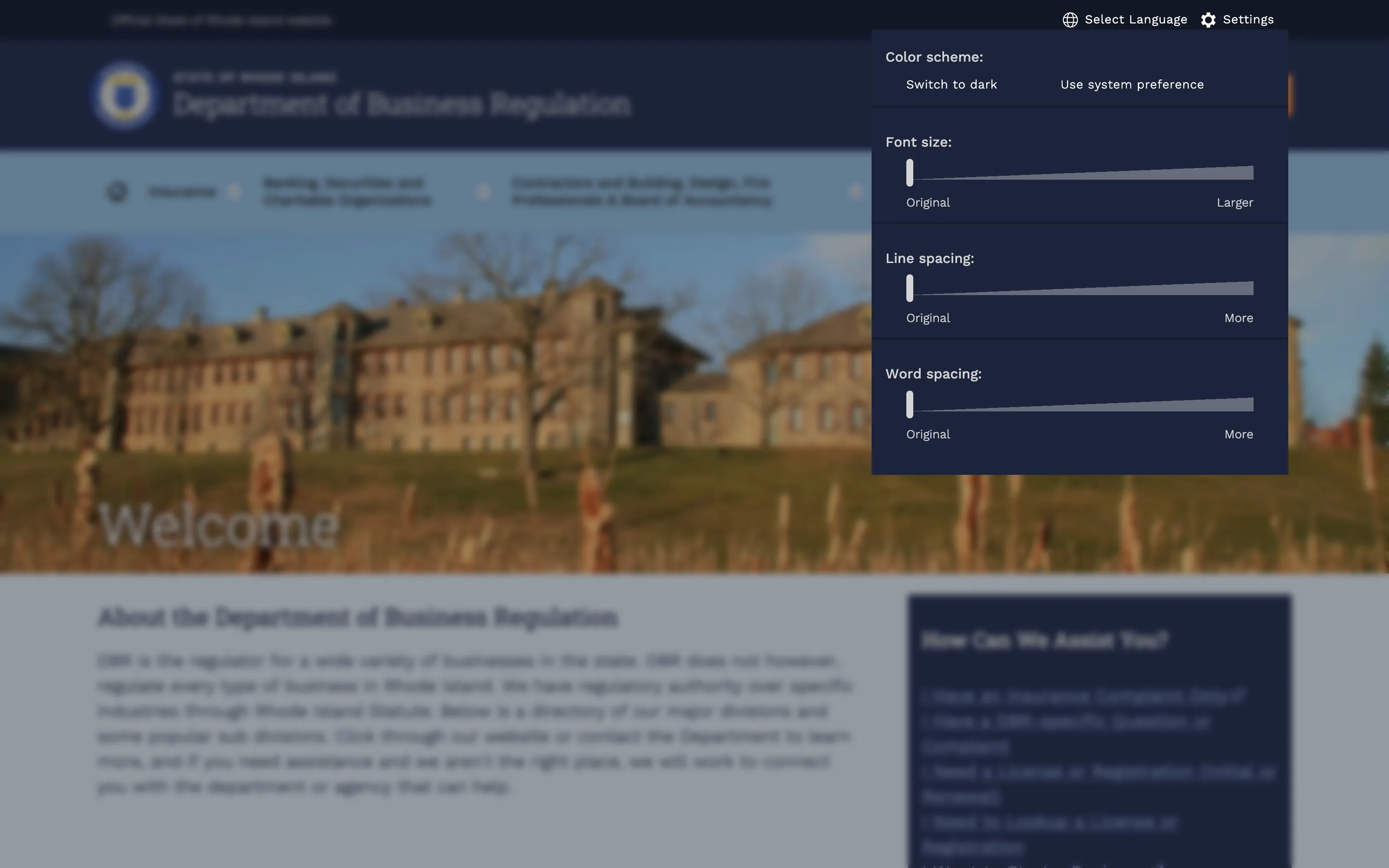 The display settings panel open over an agency page, dimming the page behind it. Under “Color scheme:” are the options “Switch to dark” and “Use system preference”; below, sliders for “Font size:”, “Line spacing:” and “Word spacing:”, each running from “Original” to “Larger” or “More”.
