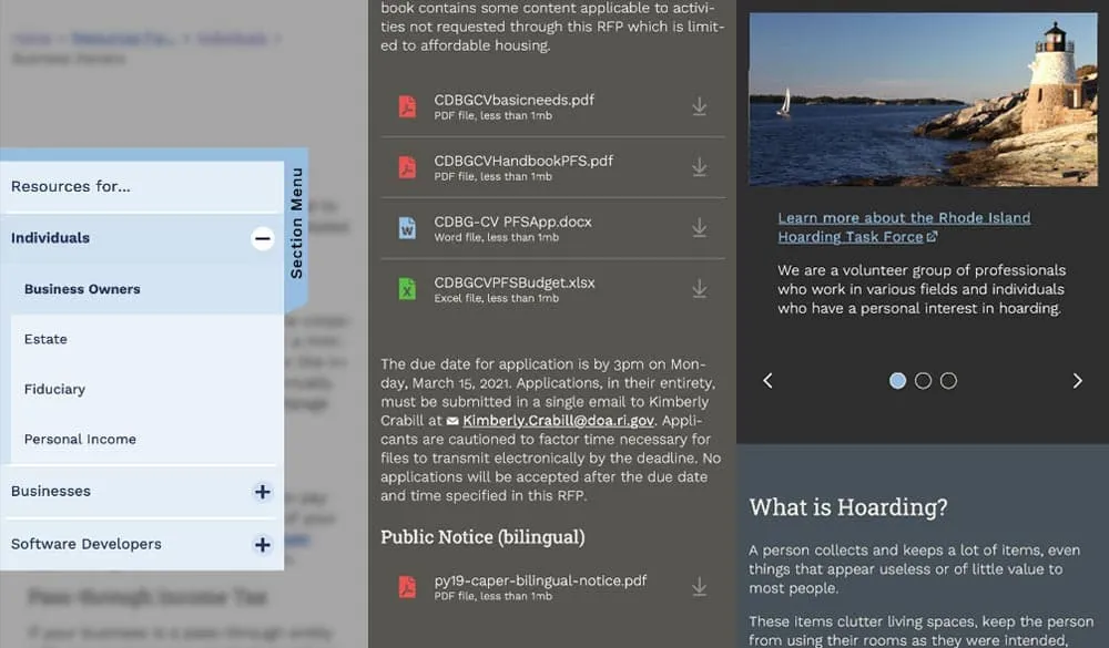 Three details of the design system: the sticky section menu expanded over a page, a list of downloads labeled with file types and sizes under 1MB, and an image carousel with dot navigation beside a “What is Hoarding?” resource page.
