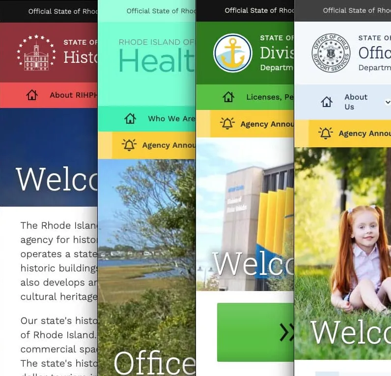 Four Rhode Island agency site headers fanned side by side — Historical Preservation, Health, the Division of Motor Vehicles and Child Support Services — each in its own color theme over the same header structure, navigation and announcement bar.