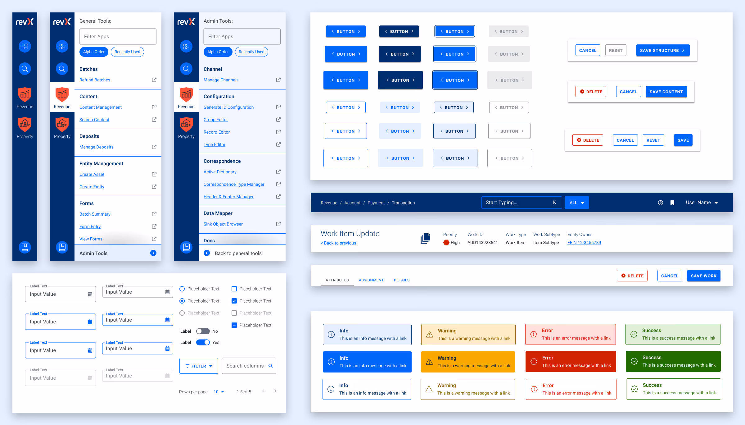 A board of GOVERNMENT PREMIER design-system components: navigation drawers for general and admin tools, button variants in every state, form fields with labels and toggles, a work-item header, and info, warning, error and success alerts — all in the product’s blue palette.