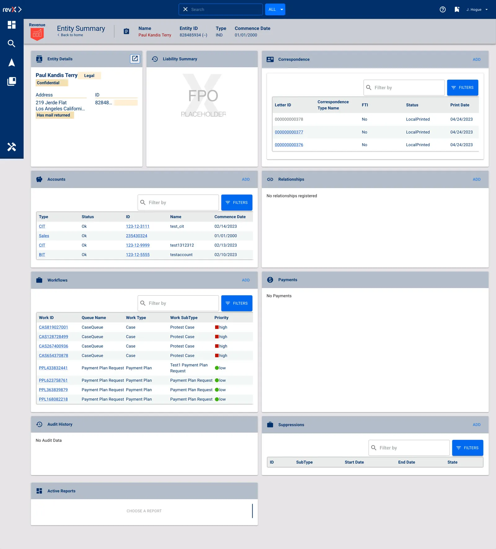 The redesigned Entity Summary screen in GOVERNMENT PREMIER: a header with the taxpayer’s name, ID and commence date above cards for entity details, liability, correspondence, accounts, relationships, workflows, payments, audit history and suppressions — each with its own filter and add controls.