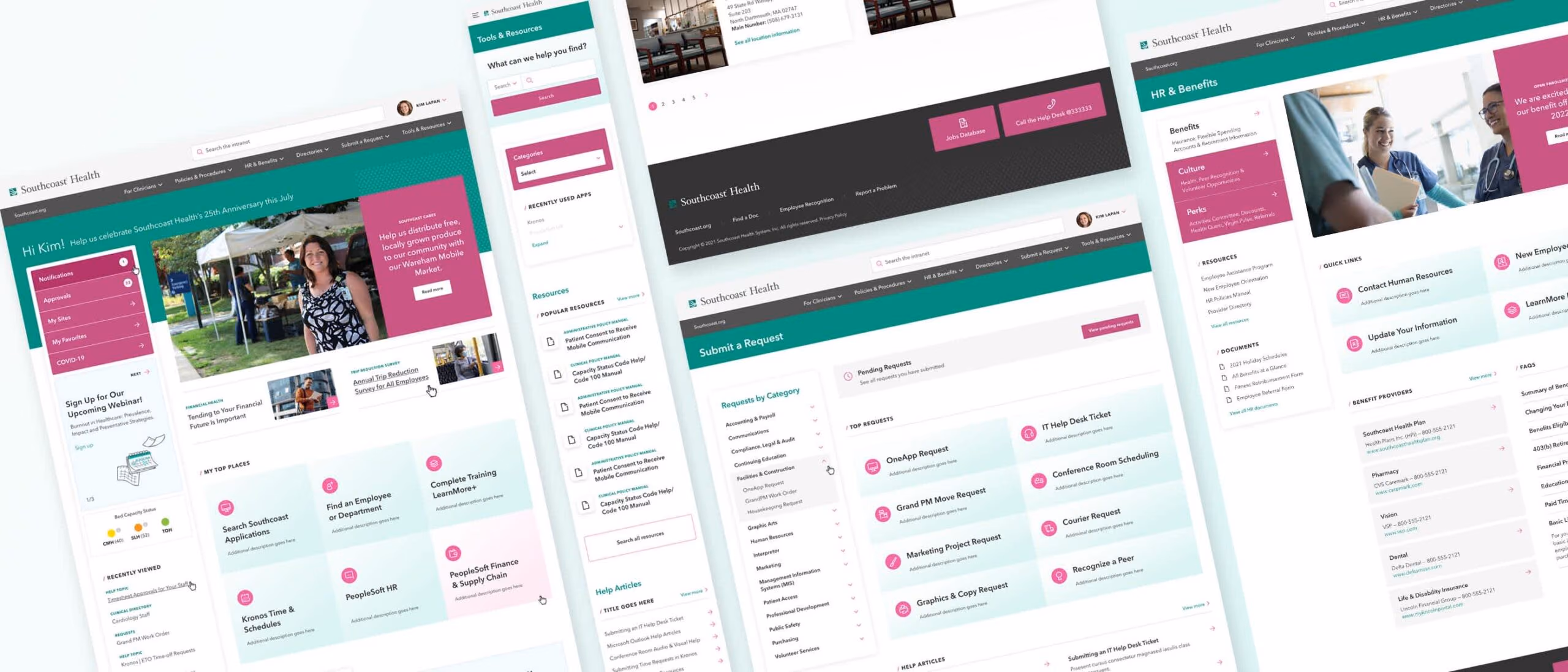 Several Southcoast Health intranet templates shown at an angle. One opens “Hi Kim!” over notifications, approvals and a “My Top Places” grid linking to Kronos, PeopleSoft HR and staff directories. Others show a Tools & Resources search over policy manuals, a “Submit a Request” page listing requests by category from IT Help Desk to Courier, and an HR & Benefits page with providers and FAQs.