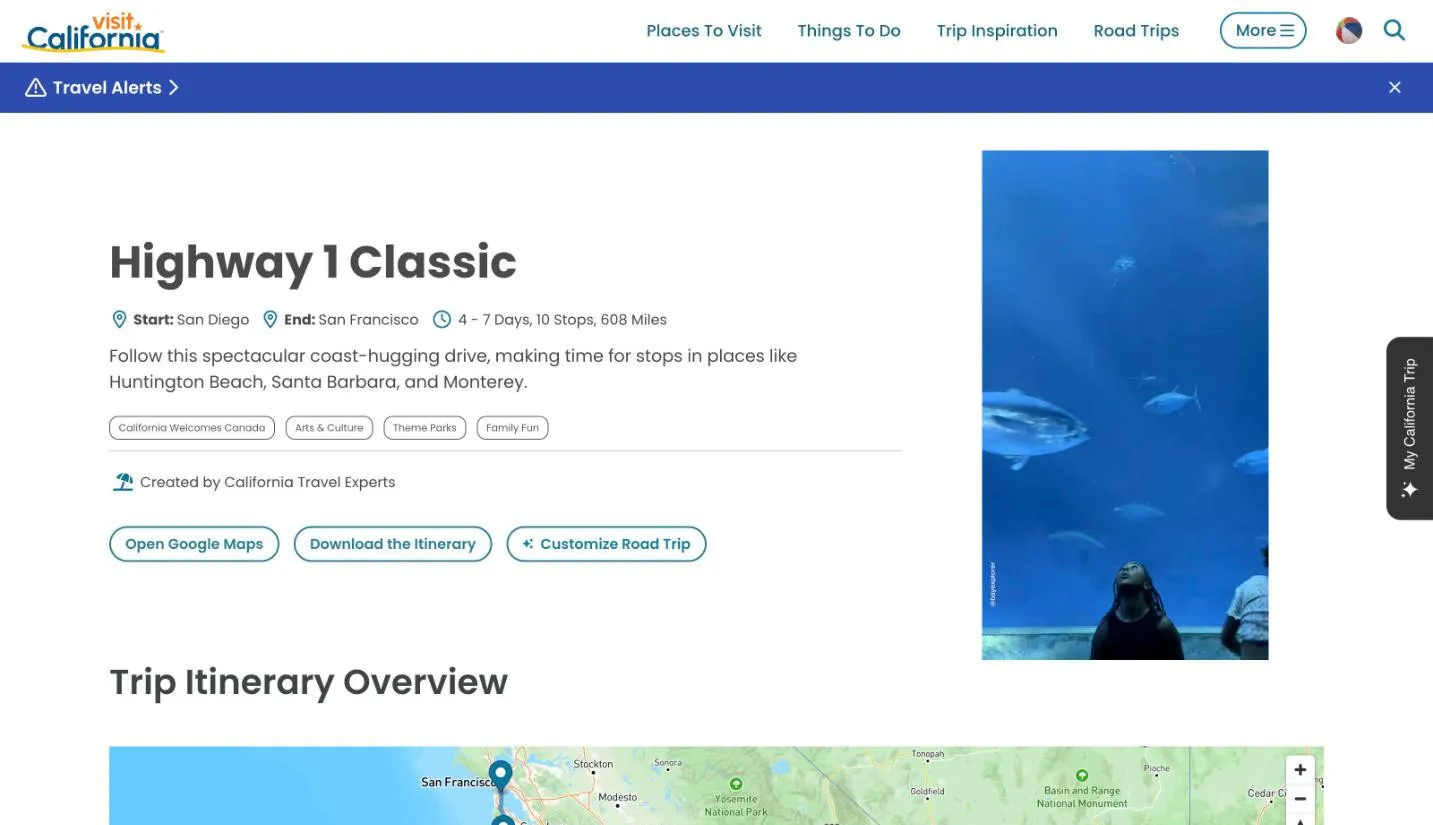The Highway 1 Classic road trip page on visitcalifornia.com: San Diego to San Francisco, 4–7 days, 10 stops, 608 miles, “Created by California Travel Experts” — with three actions beneath: Open Google Maps, Download the Itinerary and Customize Road Trip. A “My California Trip” tab sits on the right edge of the page.