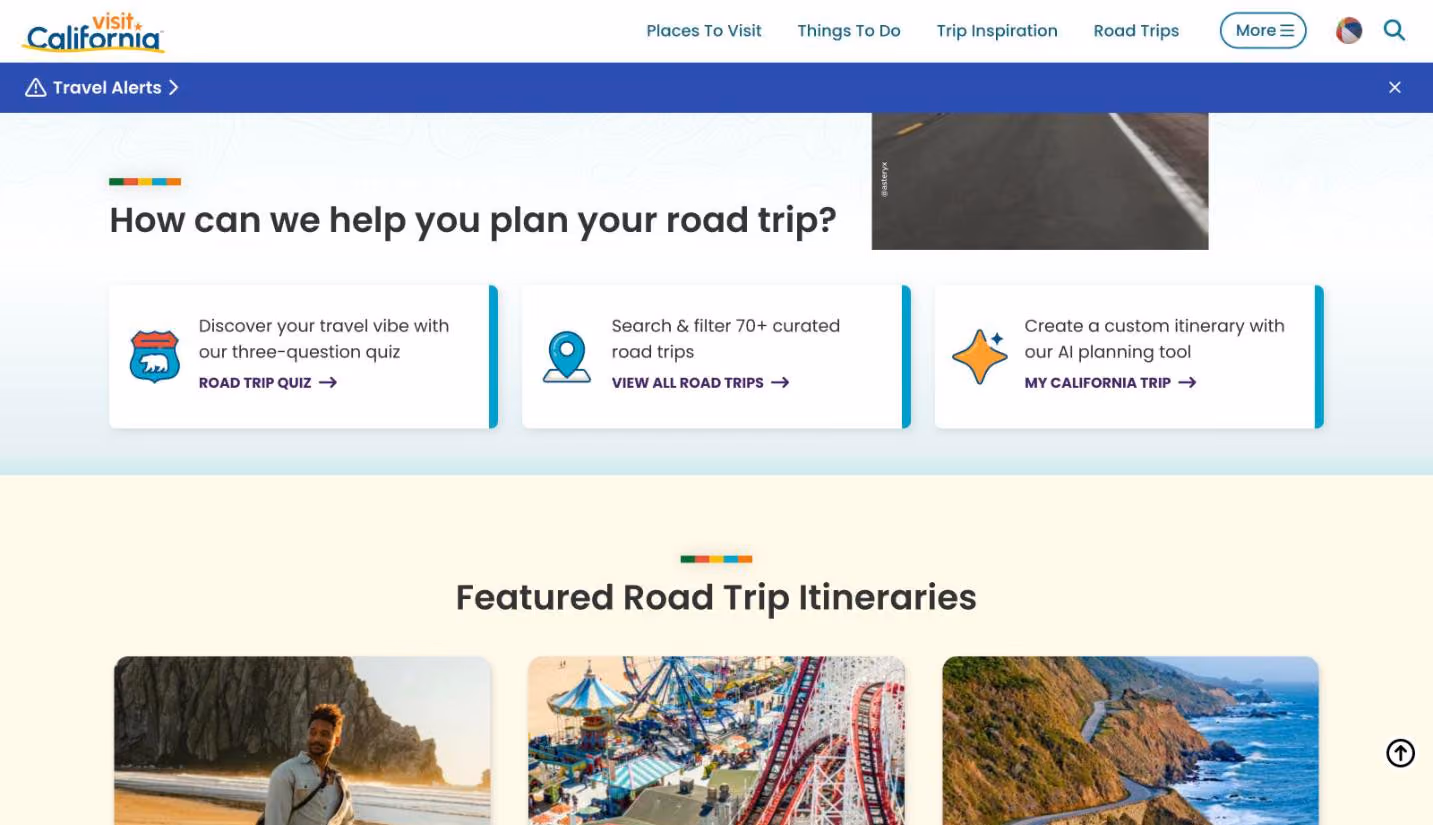 The “How can we help you plan your road trip?” section of the Visit California Road Trips hub. Three cards offer three ways in: a three-question Road Trip Quiz, a search across 70+ curated road trips and “Create a custom itinerary with our AI planning tool — My California Trip.” Featured Road Trip Itineraries begin below.