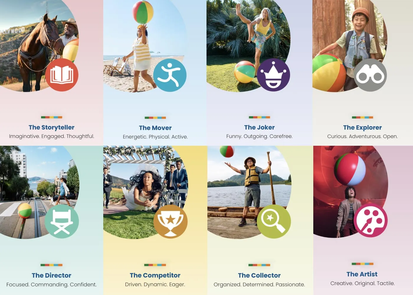 All eight California Play Styles as a grid of cards, each a circular photograph with an icon and a three-word description: the Storyteller, imaginative, engaged, thoughtful; the Mover, energetic, physical, active; the Joker, funny, outgoing, carefree; the Explorer, curious, adventurous, open; the Director, focused, commanding, confident; the Competitor, driven, dynamic, eager; the Collector, organized, determined, passionate; the Artist, creative, original, tactile.