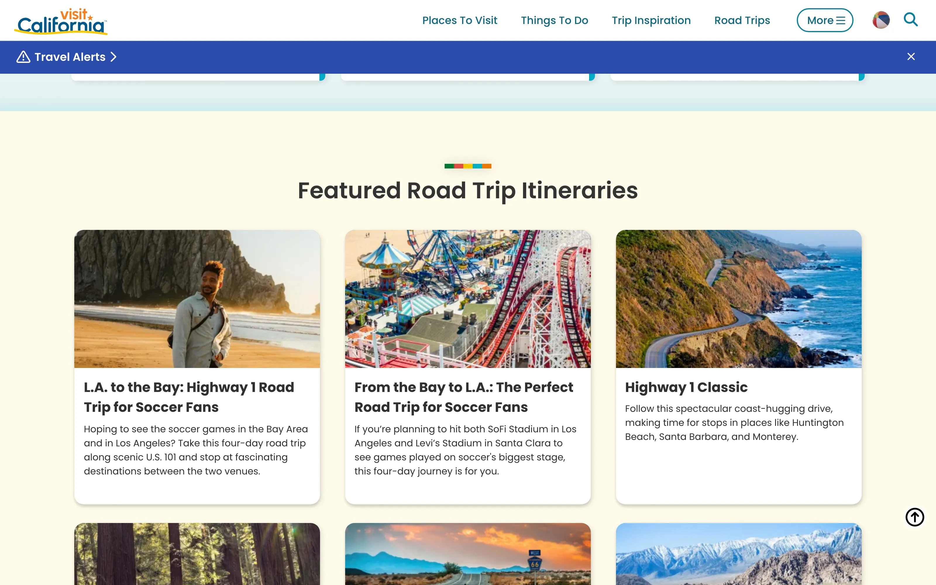 The Featured Road Trip Itineraries grid on visitcalifornia.com — six large photographic cards, each with a headline and a short description, covering Highway 1, Route 66 and the Sierra.