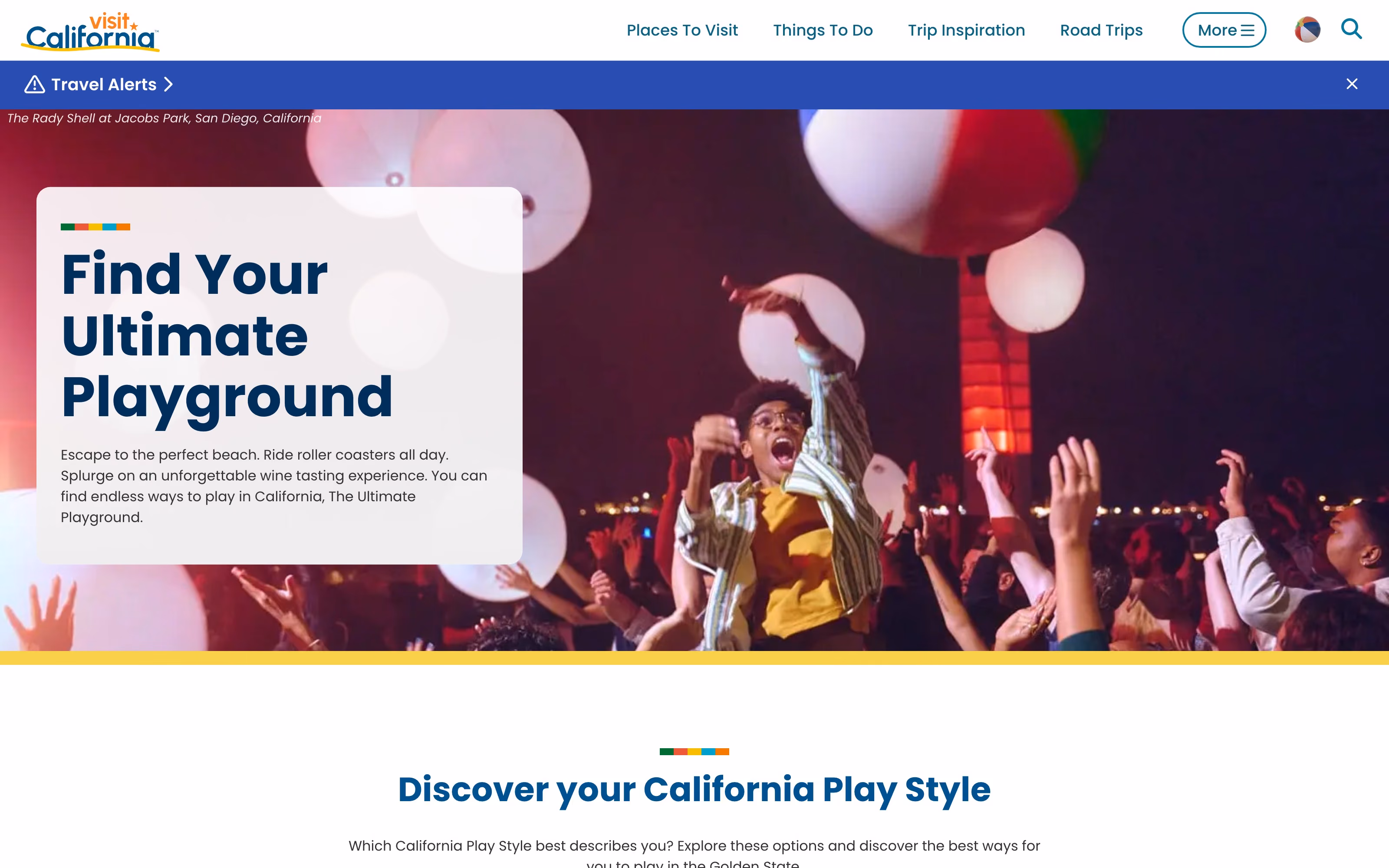 The Find Your Ultimate Playground landing page on visitcalifornia.com. A crowd bats beach balls under stage lights behind a panel reading “Find Your Ultimate Playground”, with “Discover your California Play Style” beginning below the fold.