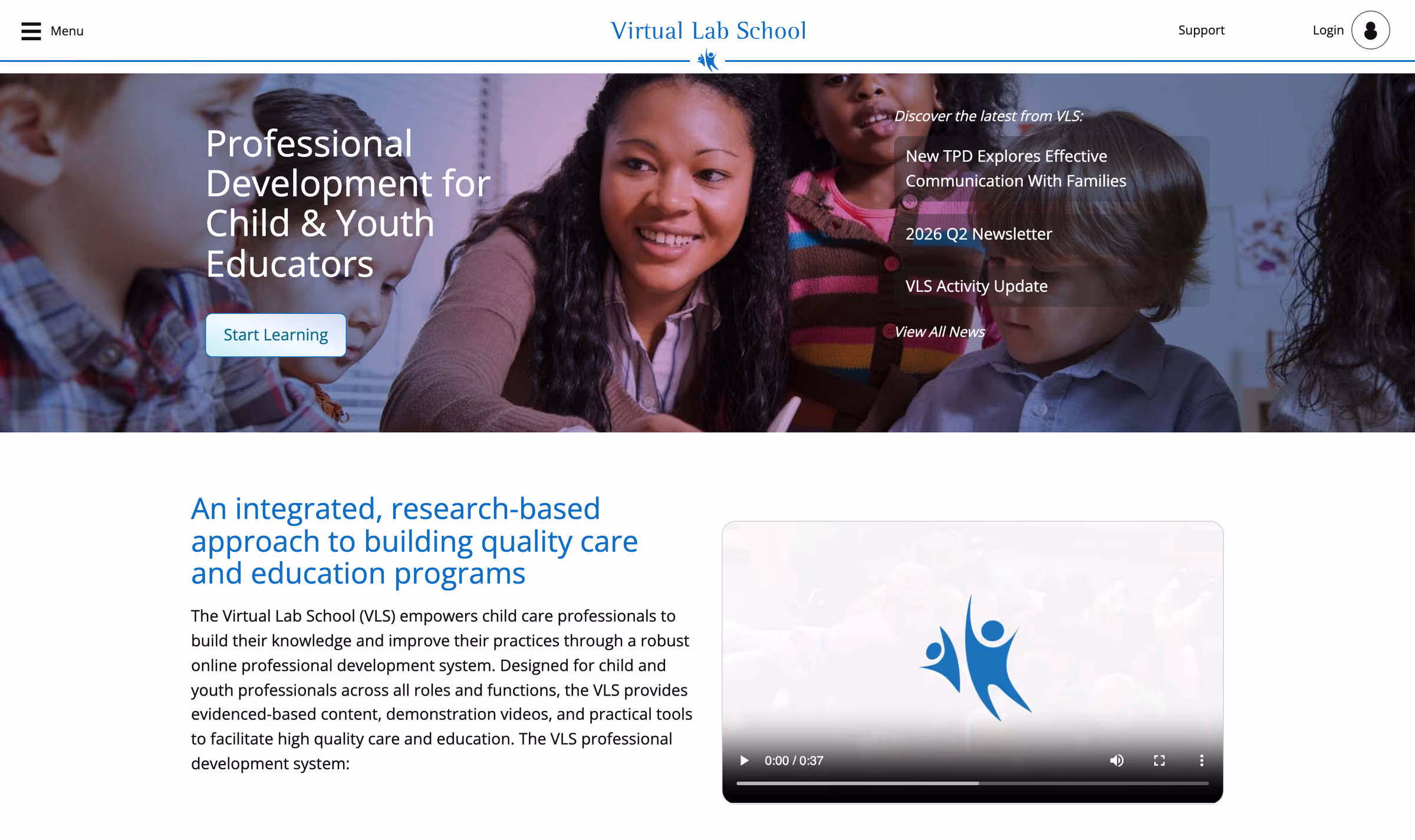 The Virtual Lab School homepage: a photograph of an educator working with young children under the headline “Professional Development for Child & Youth Educators”, a Start Learning button, a Login control, and a news panel listing a new training module, a 2026 Q2 newsletter and an activity update.